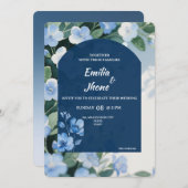 Bluish Floral Romantic Wedding Card Einladung (Vorne/Hinten)