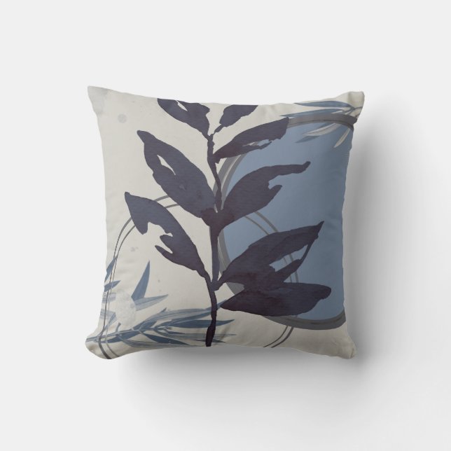 Bluish Gray Abstrakt Watercolor Leaf Kissen (Vorderseite)