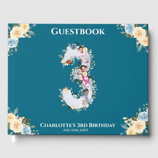 Blume 3. Geburtstag Aquamarines Foto Collage Blau  Gästebuch (Vorderseite)