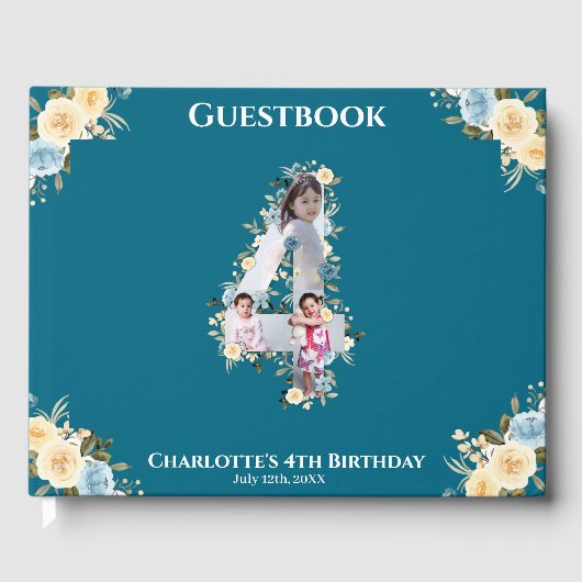 Blume 4. Geburtstag Aquamarines Foto Collage Blau  Gästebuch (Vorderseite)