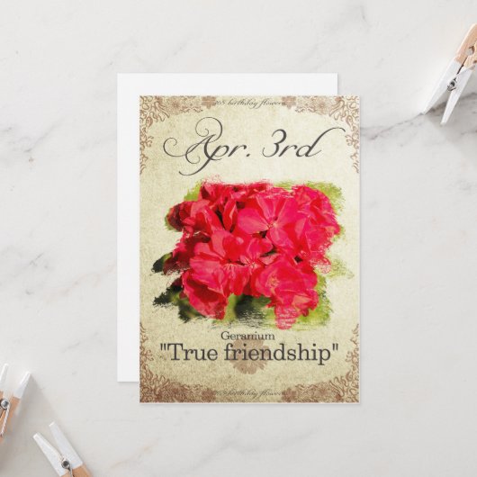 Blume am 3. April "Geranium" Karte (Vorderseite/Rückseite Beispiel)