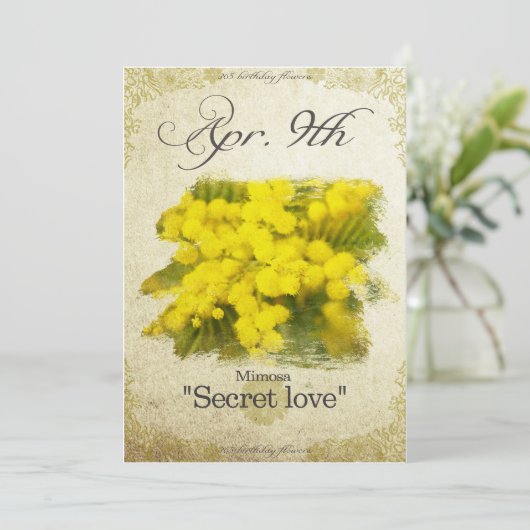 Blume am 9. April "Mimosa" Karte (Stehend Vorderseite)
