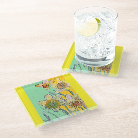 Blume Aqua-Gelb Glasuntersetzer (Schrägansicht)