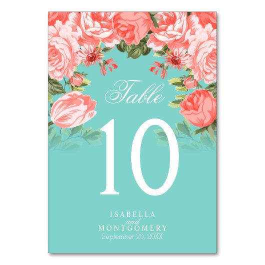 Blume aquamarin und Korallen | Tabellenkarten Tischnummer (Vorderseite)