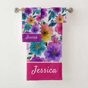 Blume Aquarell Blüten Farbenfrohe Blumenbezeichnun Badhandtuch Set