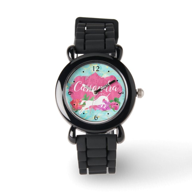 Blume Aquarell Einhorn Rosa Blauer Mädchenname Armbanduhr (Vorderseite)