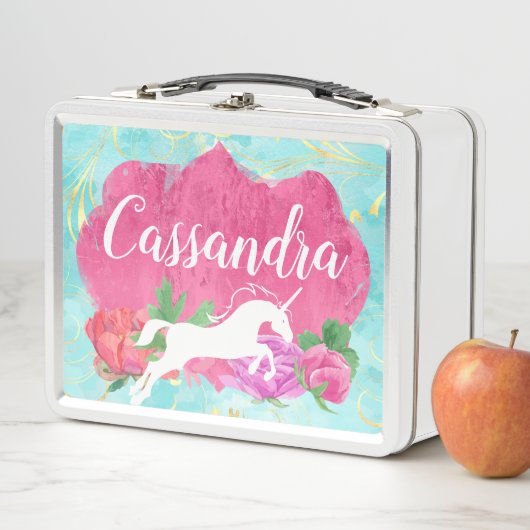 Blume Aquarell Einhorn Rosa Blauer Mädchenname Metall Brotdose (Beispiel)