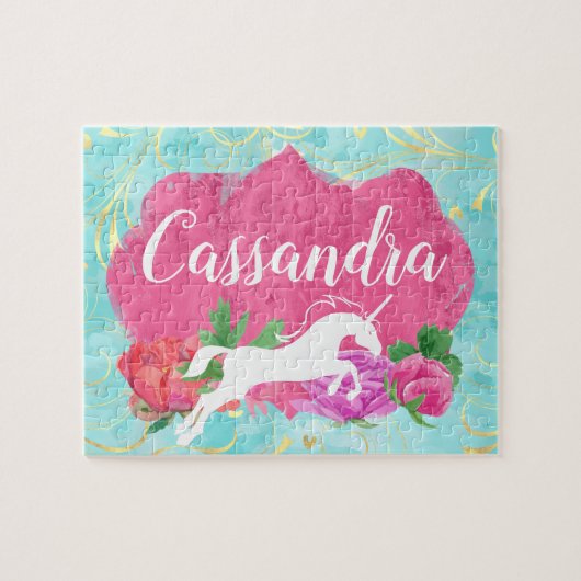 Blume Aquarell Einhorn Rosa Blauer Mädchenname Puzzle (Horizontal)