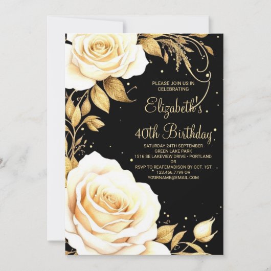 Blume Aquarell Gold Elegant 40. Geburtstag Einladung (Vorderseite)