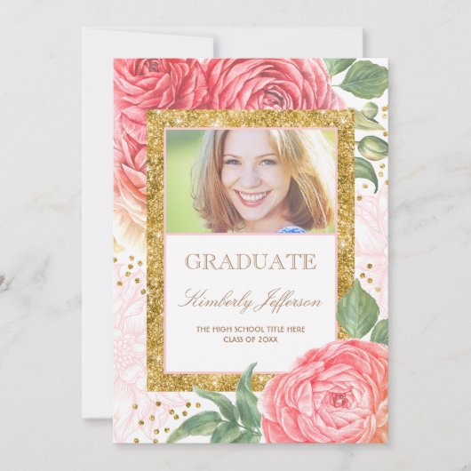 Blume Aquarell Gold und Rosa Foto Abschluss Einladung (Vorderseite)