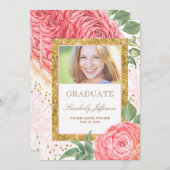Blume Aquarell Gold und Rosa Foto Abschluss Einladung (Vorne/Hinten)