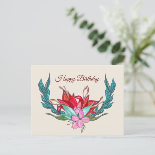 Blume Aquarell Happy Geburtstag Zeichnend Postkarte (Stehend Vorderseite)