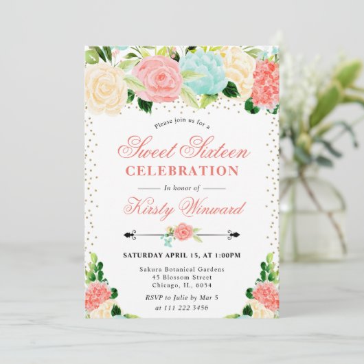 Blume Aquarell Rosa und Minze Süß 16 Einladung (Stehend Vorderseite)