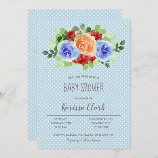 Blume auf Blue Polka Dots Boy Baby Shower lädt ein (Vorne/Hinten)