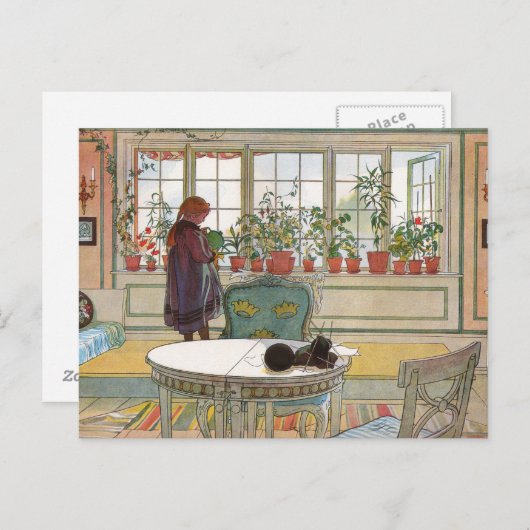 Blume auf dem Windows von einer Zuhause Carl Larss Postkarte (Vorne/Hinten)