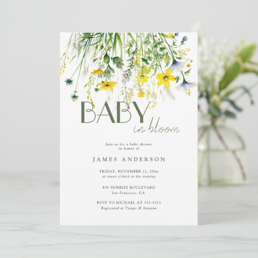 Blume auf der Wiese Baby in Blütendusche Einladung (Stehend Vorderseite)