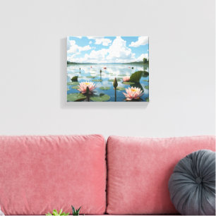 Blume auf einem See mit bewölktem Himmel Leinwanddruck