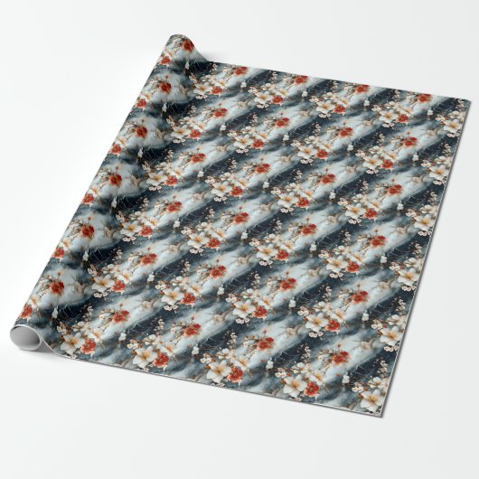 Blume auf Schwarz-Weiß-Marmor Geschenkpapier (Ungerollt)