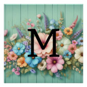 Blume aus aquamarinem Holz in Monogramm Poster (Vorderseite)