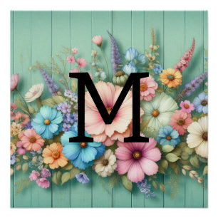 Blume aus aquamarinem Holz in Monogramm Poster