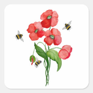 Blume aus Aquarelltuch und niedliche Hummel Quadratischer Aufkleber