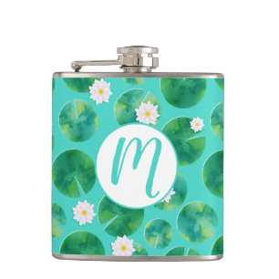 Blume aus der White Water Lilie & Lily Pad Muster Flachmann