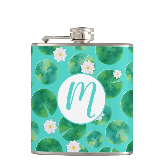 Blume aus der White Water Lilie & Lily Pad Muster Flachmann (Vorderseite)