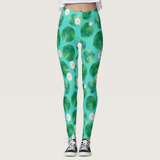 Blume aus der White Water Lilie & Lily Pad Muster Leggings (Vorderseite)