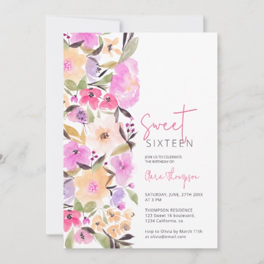 Blume aus gestrichenem Garten Wasserfarbe Süß 16 Einladung (Vorderseite)