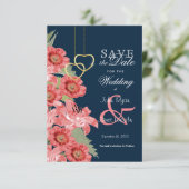 Blume aus Gold, Navy und Korallen - Save the Date (Stehend Vorderseite)