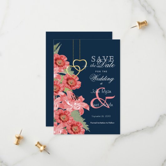 Blume aus Gold, Navy und Korallen - Save the Date (Vorderseite/Rückseite Beispiel)