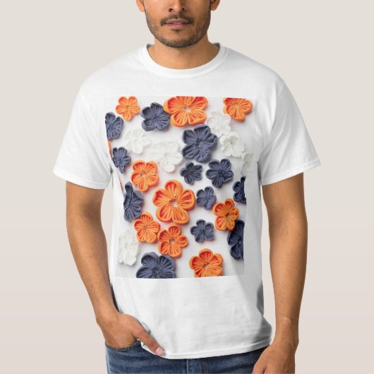 Blume aus handgefertigten Frühlingstoffen, orange T-Shirt (Vorderseite)