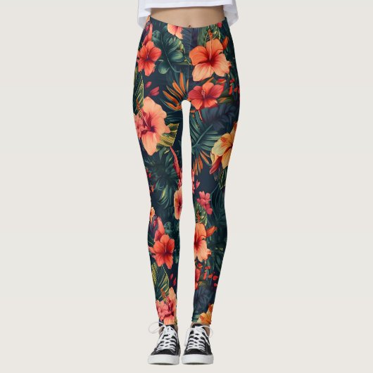 Blume aus Hibiskus, tropisches Blumenmuster Leggings (Vorderseite)