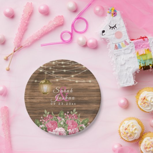 Blume aus Holz, Laternen und rosa Mauve Pappteller (Party)