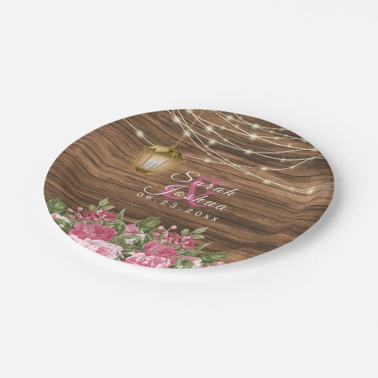 Blume aus Holz, Laternen und rosa Mauve Pappteller (Schrägansicht)