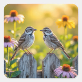 Blume aus Kon und Spange durch einen Holzzaun Quadratischer Aufkleber