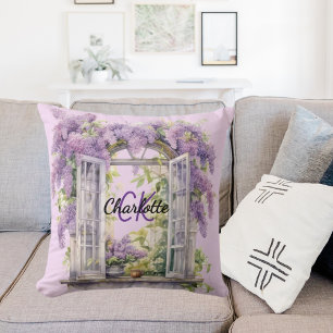 Blume aus Lilacs-Fenstern, rosa Monogramm Kissen