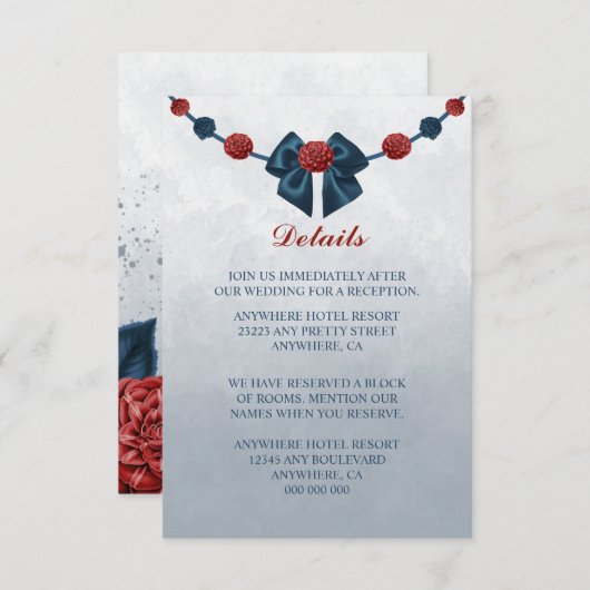 Blume aus Marine und Bordeaux mit schönen Bugdetai Begleitkarte (Vorne/Hinten)