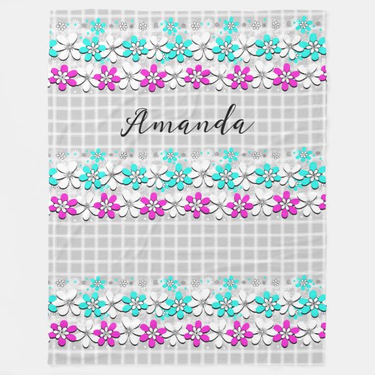 Blume aus Papierneon auf einem grauweißen Schachbr Fleecedecke (Vorderseite)