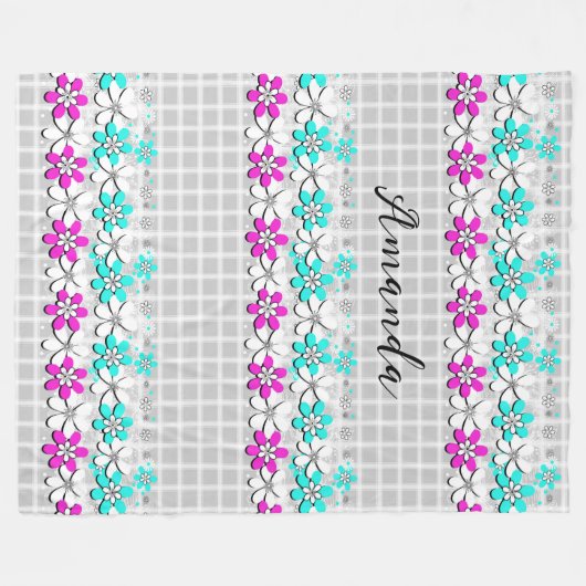 Blume aus Papierneon auf einem grauweißen Schachbr Fleecedecke (Vorderseite (Horizontal))