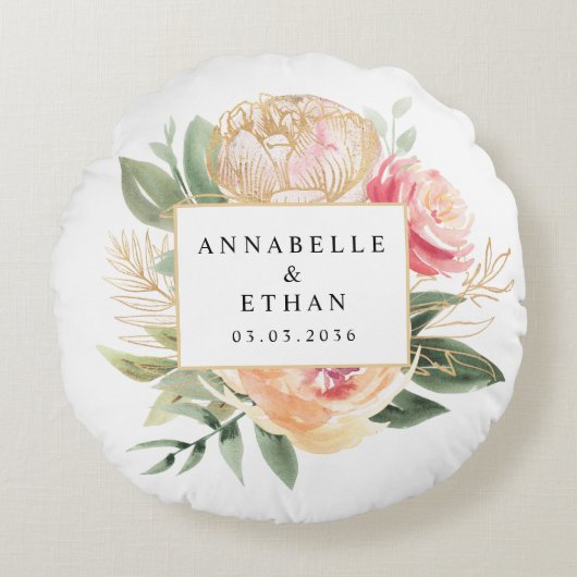 Blume aus Peony und Gold Rundes Kissen (Vorderseite)