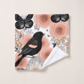 Blume aus Pfirsich und Kohle, Robin und Schmetterl Badhandtuch Set (Waschlappen)