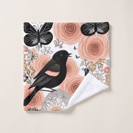 Blume aus Pfirsich und Kohle, Robin und Schmetterl Badhandtuch Set (Waschlappen)