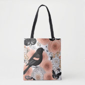 Blume aus Pfirsich und Kohle, Robin und Schmetterl Tasche (Vorderseite)