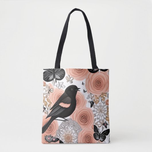 Blume aus Pfirsich und Kohle, Robin und Schmetterl Tasche (Vorderseite)
