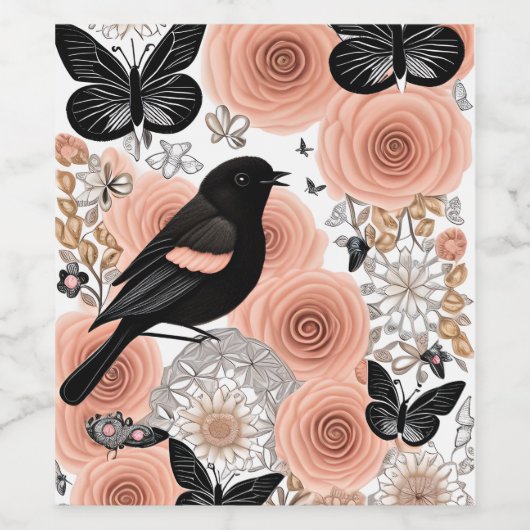 Blume aus Pfirsich und Kohle, Robin und Schmetterl Weinetikett (Einzelnes Label)