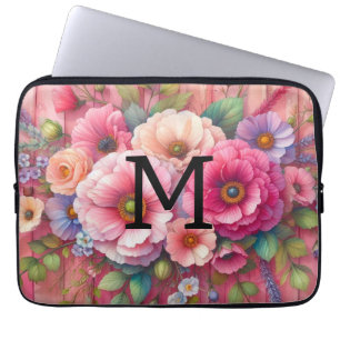 Blume aus rosa Holz mit Monogramm Laptopschutzhülle