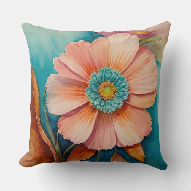 Blume aus Rost, Türkis und Pfirsich Kissen (Vorderseite)