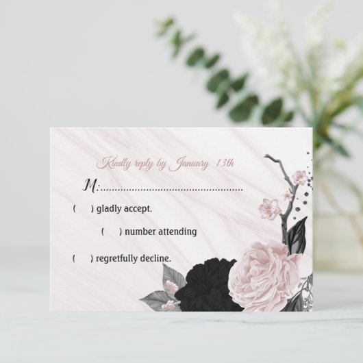 Blume aus schwarz und rosa Marmor RSVP Karte (Stehend Vorderseite)