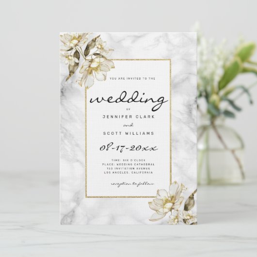 Blume aus Schwarz-weißem Glitzer Einladung (Stehend Vorderseite)